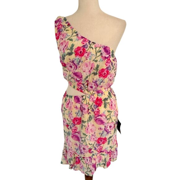 NWT Lulus Floral Cut Out Sundress Sleeveless Pink Yellow One Shoulder Size Large - Picture 3 of 11